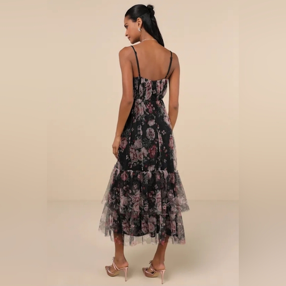 Lulus Extremely Fabulous Black Muave Floral Mesh Tiered Midi Dress Womens Size S - Picture 2 of 5